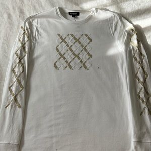 Express Long Sleeve Tee Shirt White with Beige/Tan Details